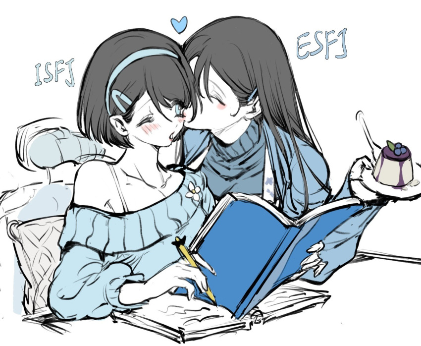 16personalities, 2girls, apron, black_hair, blue_eyes, blue_sweater, blush, bob_cut
