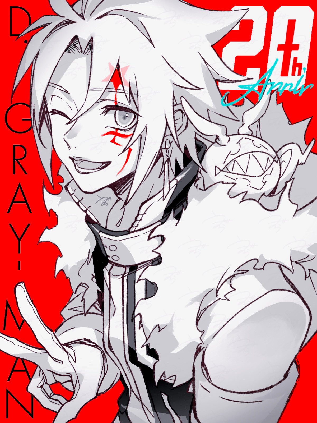 1boy, ahoge, allen_walker, antenna_hair, black_coat, black_order_uniform, coat, creature