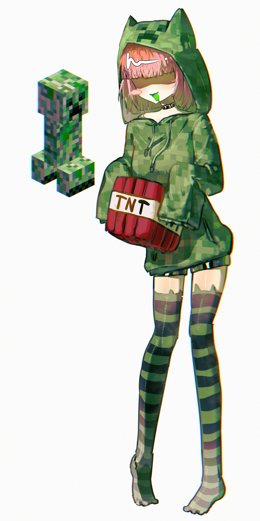 1girl, absurdres, animal_ear_legwear, bob_cut, cat_ear_legwear, cosplay, creeparka, creeper