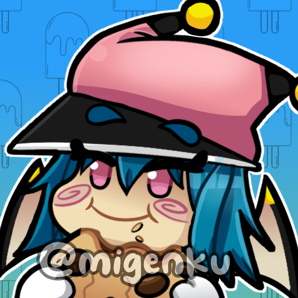 1girl, blue_hair, cookie, digimon, digimon_(creature), eating, food, happy, hat, looking_at_viewer, medium_hair, migenku, navimon_(digimon), pink_eyes, smile, wings