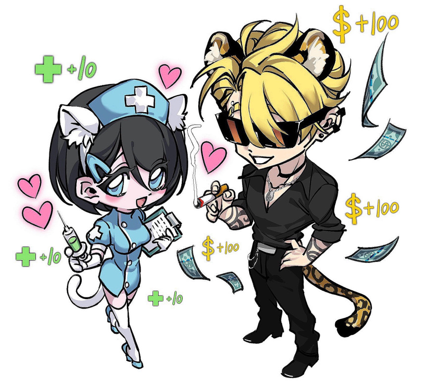 16personalities, 1boy, 1girl, animal_ears, black_hair, black_pants, black_shirt, black_shoes, blonde_hair, blue_dress, blue_eyes, blue_shoes, bob_cut, breasts, buttons, cat_ears, cat_tail, chibi, collared_shirt, defender_(16personalities), dress, entrepeneur_(16personalities), from_above, hat, highres, holding, holding_syringe, leopard_ears, leopard_tail, looking_at_viewer, medium_breasts, nurse, nurse_cap, open_mouth, pants, shirt, short_hair, smile, syringe, tail, wumingshi65967