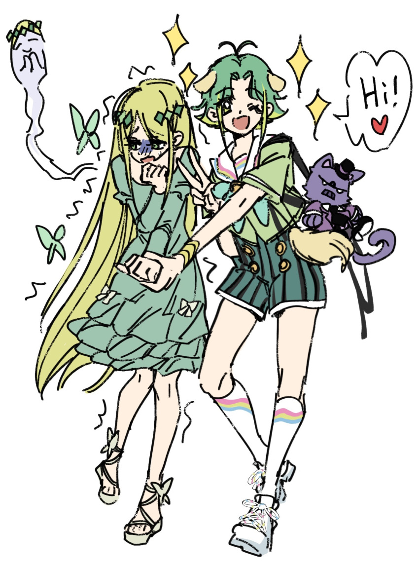 16personalities, 2girls, animal_ears, antenna_hair, aqua_dress, aqua_shorts, brown_sandals, campaigner_(16personalities), dog_ears, dog_tail, dress, embarrassed, english_text, full_body, giving_up_the_ghost, green_eyes, green_hair, highres, long_hair, looking_at_viewer, mediator_(16personalities), multicolored_hair, multiple_girls, one_eye_closed, open_mouth, sandals, shoes, short_hair, shorts, simple_background, sneakers, socks, speech_bubble, streaked_hair, tail, very_long_hair, white_background, white_sneakers, white_socks, wumingshi65967
