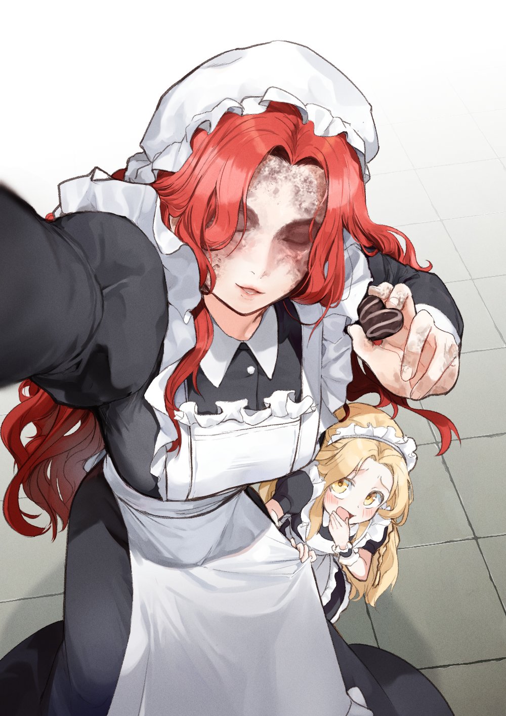 1boy, 1girl, alternate_costume, apron, black_dress, blonde_hair, brother_and_sister, candy