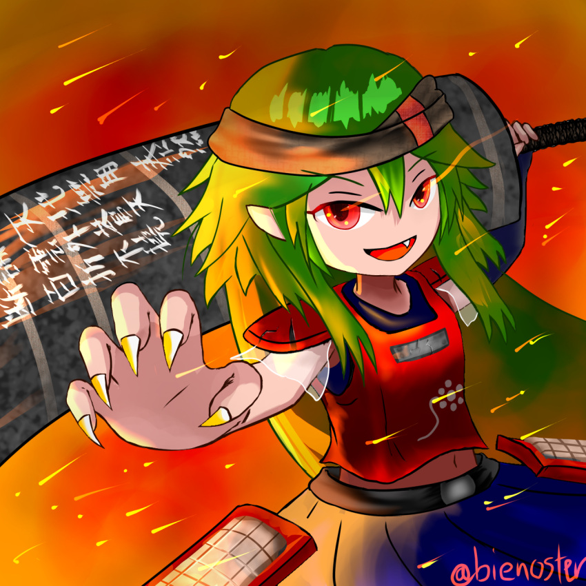 1other, androgynous, bienoster, black_undershirt, blue_skirt, brown_headband, club_(weapon), detached_sleeves, fang, fingernails, green_hair, headband, highres, len'en, long_fingernails, looking_at_viewer, midriff, open_mouth, red_background, red_eyes, red_shirt, shirt, signature, skirt, smile, solo, taira_no_fumikado, text_on_weapon, translation_request, weapon