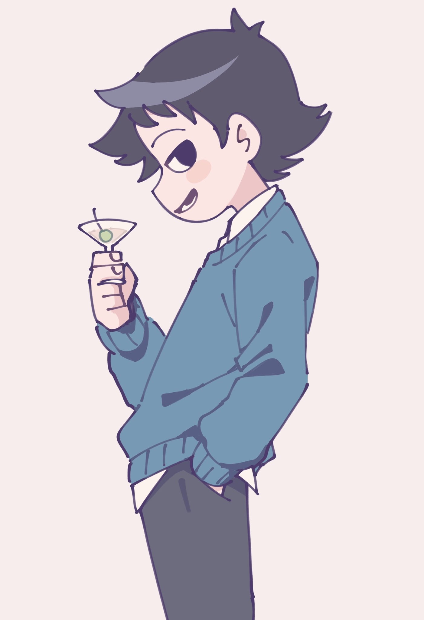 1boy, black_hair, black_pants, blue_sweater, cocktail_glass, cup, drinking_glass, from_side