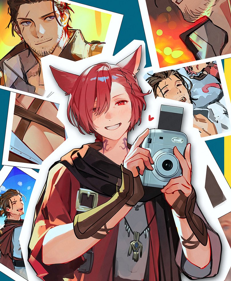 2boys, adventurer_(ff14), animal_ears, archon_mark, beard_stubble, black_scarf, bracer, camera, cat_boy, cat_ears, facial_hair, ffxivys, final_fantasy, final_fantasy_xiv, g'raha_tia, grin, hair_ornament, hair_over_one_eye, holding, holding_camera, hyur, jacket, jewelry, looking_at_viewer, male_focus, miqo'te, multiple_boys, multiple_views, neck_tattoo, outline, pendant, photo_(object), red_eyes, red_hair, red_jacket, scarf, short_hair, slit_pupils, smile, stubble, swept_bangs, tattoo, upper_body, warrior_of_light_(ff14), white_outline, x_hair_ornament