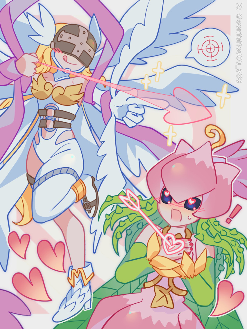 2girls, angewomon, arrow_(projectile), blonde_hair, bodysuit, bow_(weapon), clothing_cutout, confeito000_333