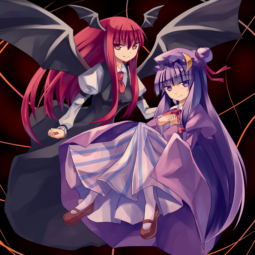 absurdres, bat_wings, crescent, hat, head_wings, highres, koakuma, long_hair