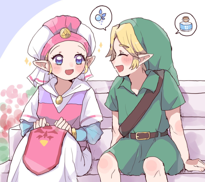 1boy, 1girl, arm_support, belt, blonde_hair, blue_eyes, blue_sleeves, blush, bottle, brown_belt, closed_eyes, commentary, dress, facing_another, fairy, feet_out_of_frame, green_hat, green_tunic, hands_on_lap, hat, highres, layered_sleeves, link, long_sleeves, looking_at_another, milk_bottle, n1ku22a, navi, on_bench, open_mouth, pink_dress, pink_hat, princess_zelda, short_over_long_sleeves, short_sleeves, shoulder_belt, sitting, smile, sparkle, spoken_character, spoken_object, the_legend_of_zelda, the_legend_of_zelda:_ocarina_of_time, third-party_source, triforce, tunic, two-tone_dress, two-tone_headwear, white_dress, white_hat, young_link, young_zelda
