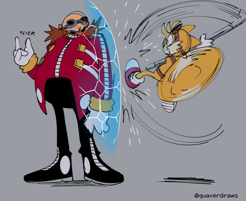 2boys, animal_ears, artist_name, bald, black_pants, blue-tinted_eyewear, brown_facial_hair, clenched_teeth