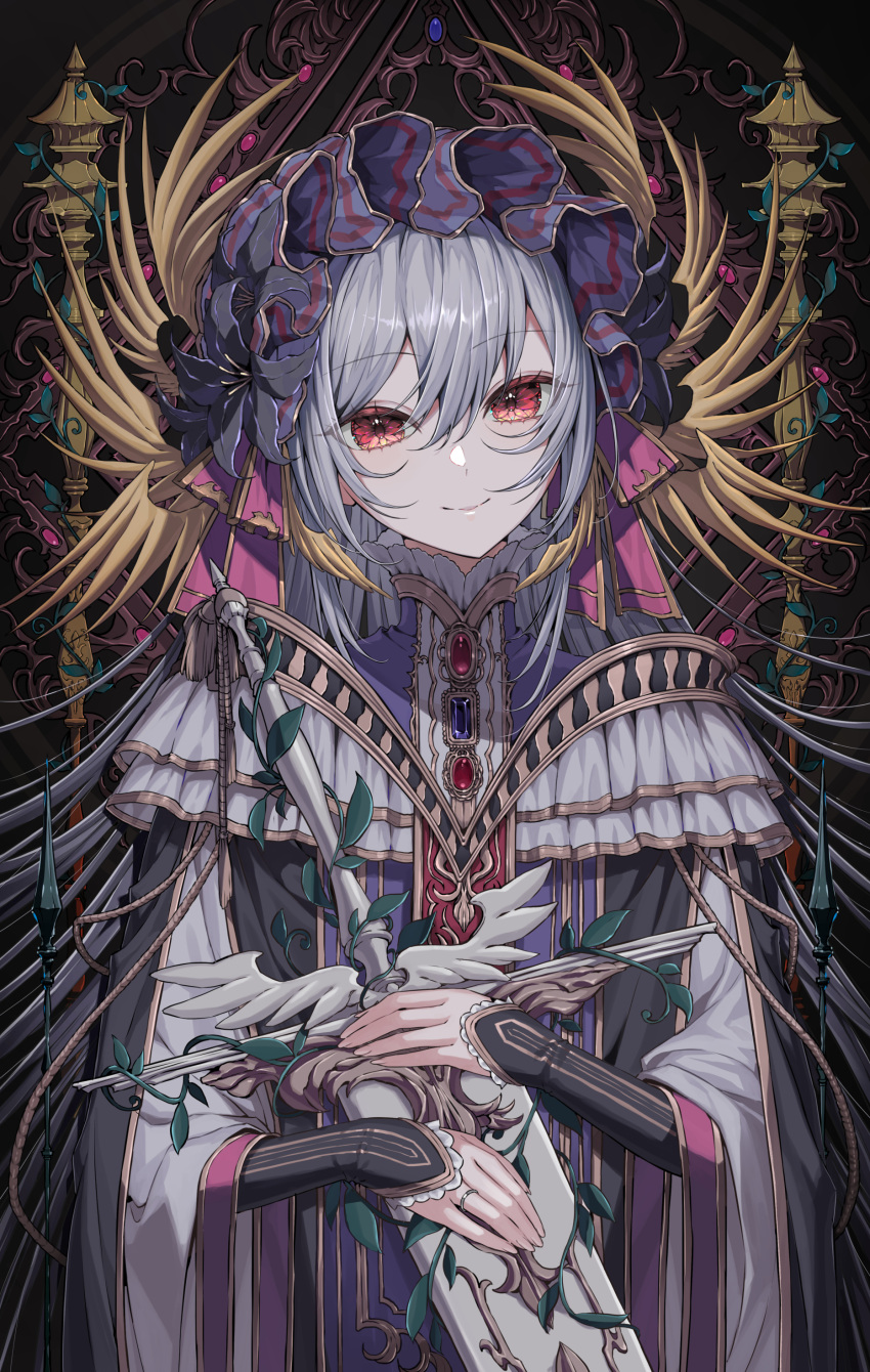 1girl, absurdres, angel, background_request, chocolate4170615, commentary, dress, flower, flower_in_eye, frills, gem, grey_hair, hair_flower, hair_ornament, hat, head_wings, high_collar, highres, hime_cut, holding, holding_sword, holding_weapon, jewelry, layered_dress, lily_(flower), long_hair, looking_at_viewer, mob_cap, original, plant, red_eyes, ring, sword, symbol_in_eye, vines, weapon, wings