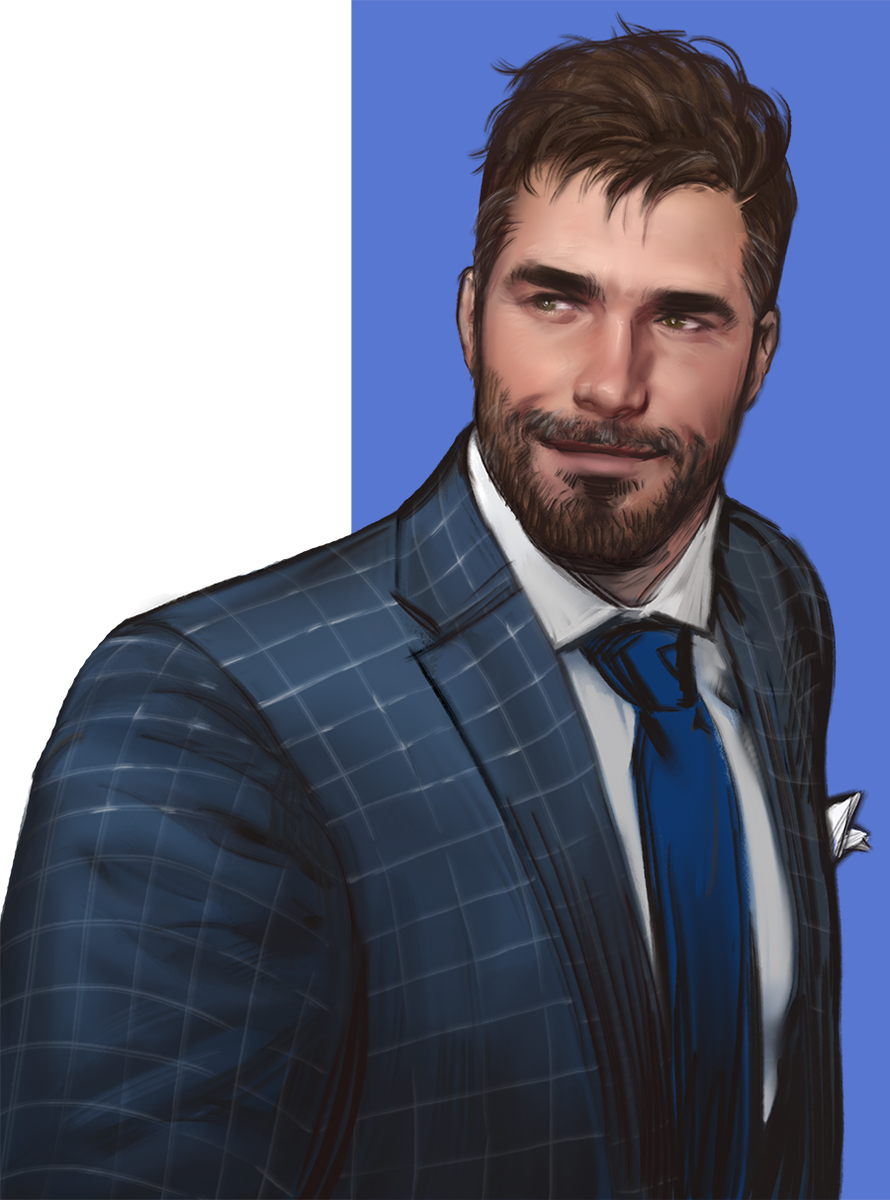 beard, blue_background, blue_necktie, brown_hair, collared_shirt, connected_beard, dopey_(dopq), facial_hair