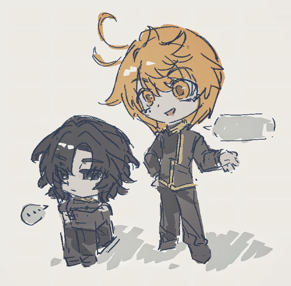 2boys, black_eyes, black_hair, black_jacket, black_pants, black_shoes, chibi, full_body