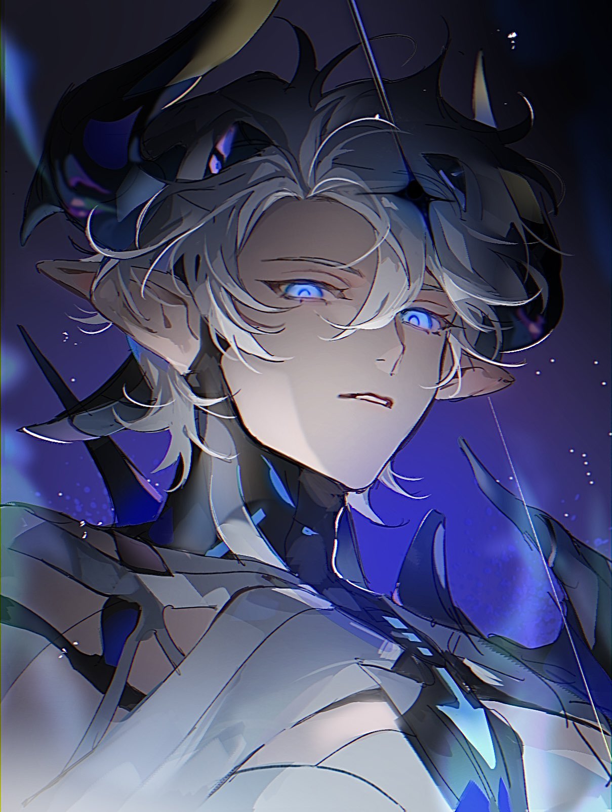 1boy, blue_eyes, commentary, diabolic_kevin_(honkai_impact), hair_between_eyes, hashtag-only_commentary, highres, honkai_(series), honkai_impact_3rd, horns, kevin_kaslana, male_focus, parted_lips, pointy_ears, portrait, short_hair, solo, white_hair, zonega4u