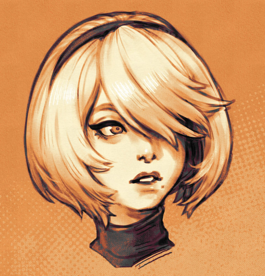 1girl, 2b_(nier:automata), commentary, english_commentary, hair_over_one_eye, hairband, highres, mole