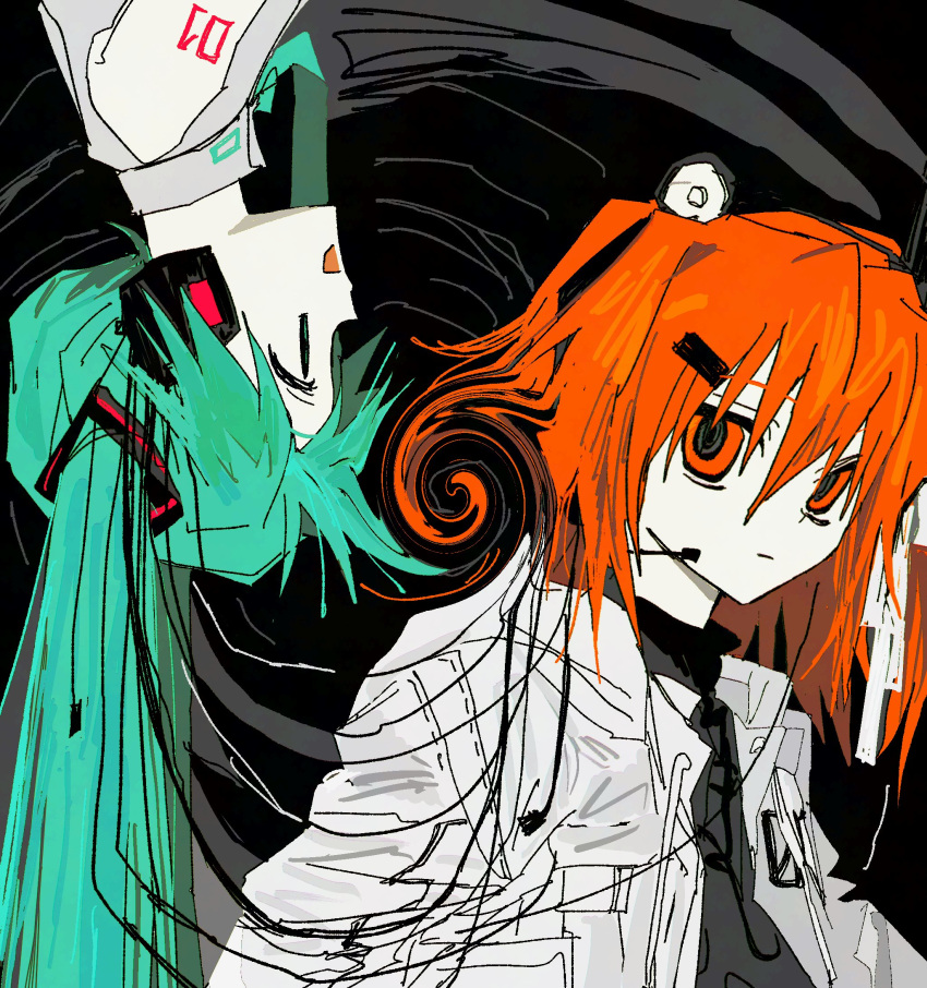 2girls, a.i._voice, adachi_rei, aqua_hair, aqua_necktie, black_background, black_shirt, cable