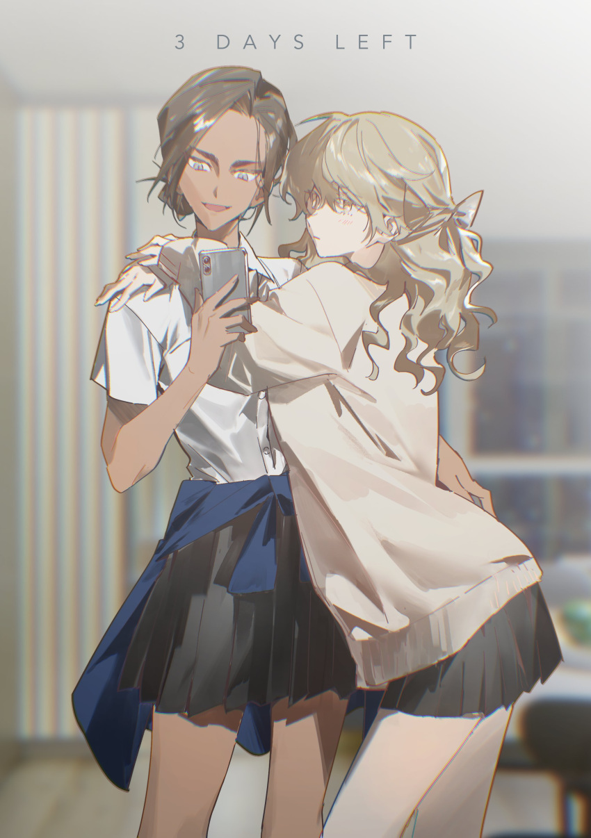 2girls, absurdres, alien_stage, black_skirt, blonde_hair, blue_jacket, bow, brown_hair, cellphone, clothes_around_waist, collared_shirt, commentary, dark-skinned_female, dark_skin, english_text, genderswap, genderswap_(ftm), grey_eyes, hair_bow, half_updo, highres, holding, holding_phone, hug, hyuna_(alien_stage), jacket, jacket_around_waist, long_hair, long_sleeves, luka_(alien_stage), lynnear, multiple_girls, phone, pink_shirt, pleated_skirt, shirt, short_sleeves, skirt, smartphone, wavy_hair, white_shirt, yellow_eyes