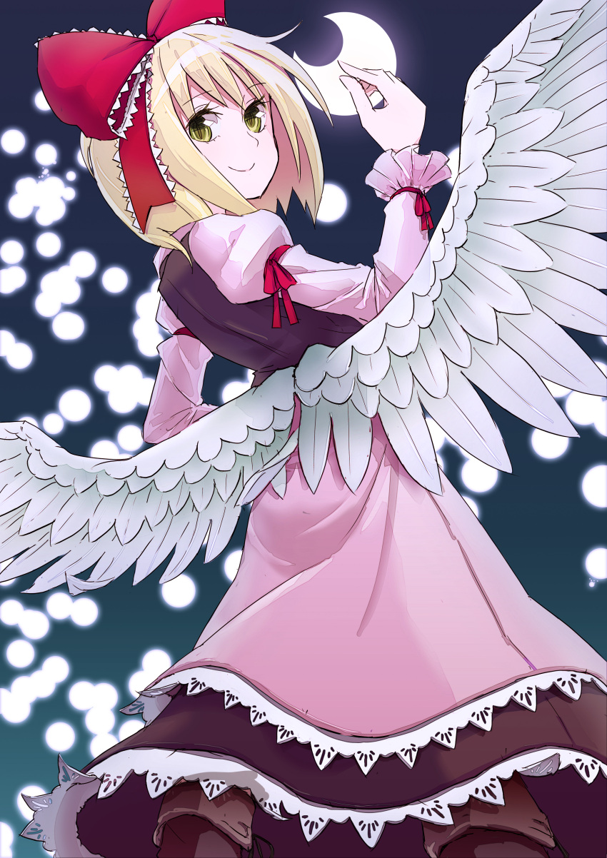 absurdres, angel_wings, blonde_hair, bow, crescent_moon, danmaku, dress, gengetsu