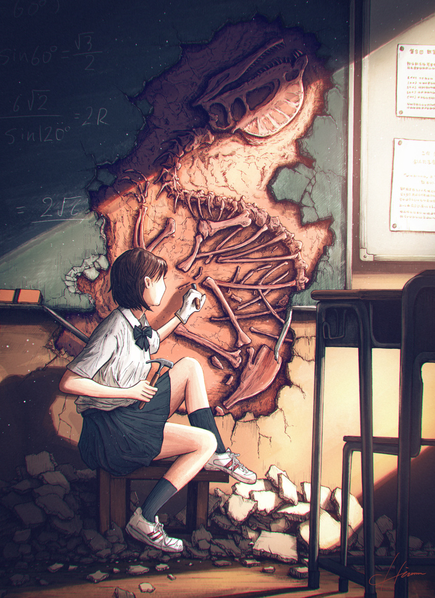 1girl, absurdres, black_skirt, black_socks, bow, bowtie, brown_hair, bulletin_board