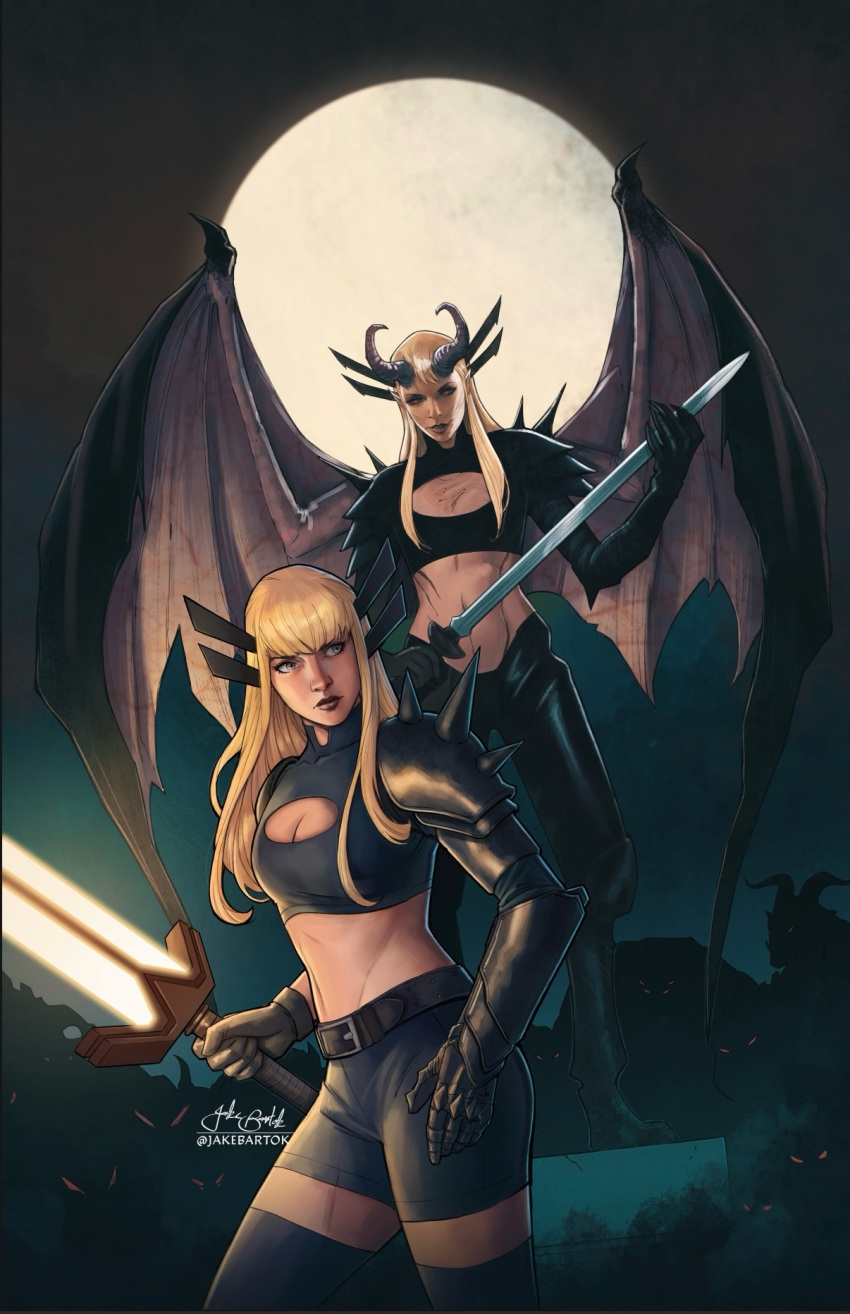2girls, artist_name, belt, black_belt, black_pants, black_sclera, black_shorts, blonde_hair