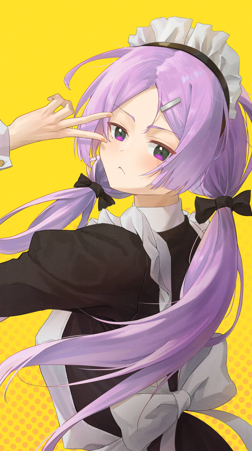 1girl, :<, absurdres, black_bow, black_bowtie, bow, bowtie, duang_(user_tsag8258), fingernails, from_behind, hair_ornament, hairclip, hand_up, highres, long_hair, looking_at_viewer, low_twintails, maid, maid_headdress, original, parted_bangs, purple_hair, twintails, upper_body, v, violet_eyes, white_bow, white_bowtie, yellow_background
