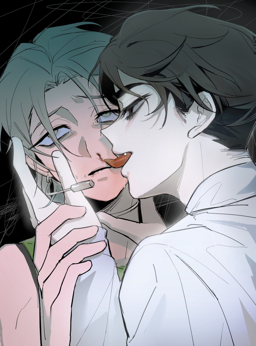 2boys, absurdres, alien_stage, black_background, black_eyes, black_hair, blood, choker