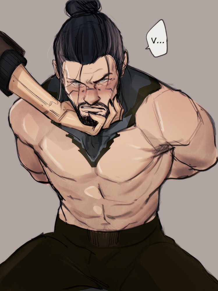 1boy, 1other, arms_behind_back, beard, black_hair, black_pants, cyberpunk_(series), cyberpunk_2077, facial_hair, goro_takemura, grabbing_another's_chin, grey_background, hand_on_another's_chin, kneeling, kukumomo, looking_at_viewer, pants, simple_background, solo_focus, speech_bubble, topless