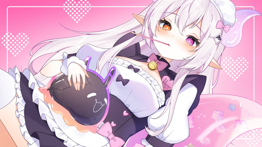 1girl, :3, =_=, =w=, animal, blush, candy, cleavage, creature, crossover, dragon_horns, dragon_tail, food_in_mouth, hair_ornament, hairpin, heterochromia, horns, indie_virtual_youtuber, kemonomimi_mode, konpeitou, long_hair, maid, maid_dress, maid_headdress, momotan, mouth_hold, nekopara, nomo_(momotan), pink_eyes, pocky, pocky_in_mouth, pointy_ears, shichisai_madani, slime_(creature), solo, strawberry_pocky, tail, thighhighs, virtual_youtuber, wallpaper, white_hair, yellow_eyes, zettai_ryouiki