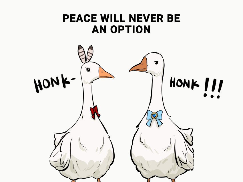 absurdres, animal, animalization, bird, blue_bow, bow, english_text, goose