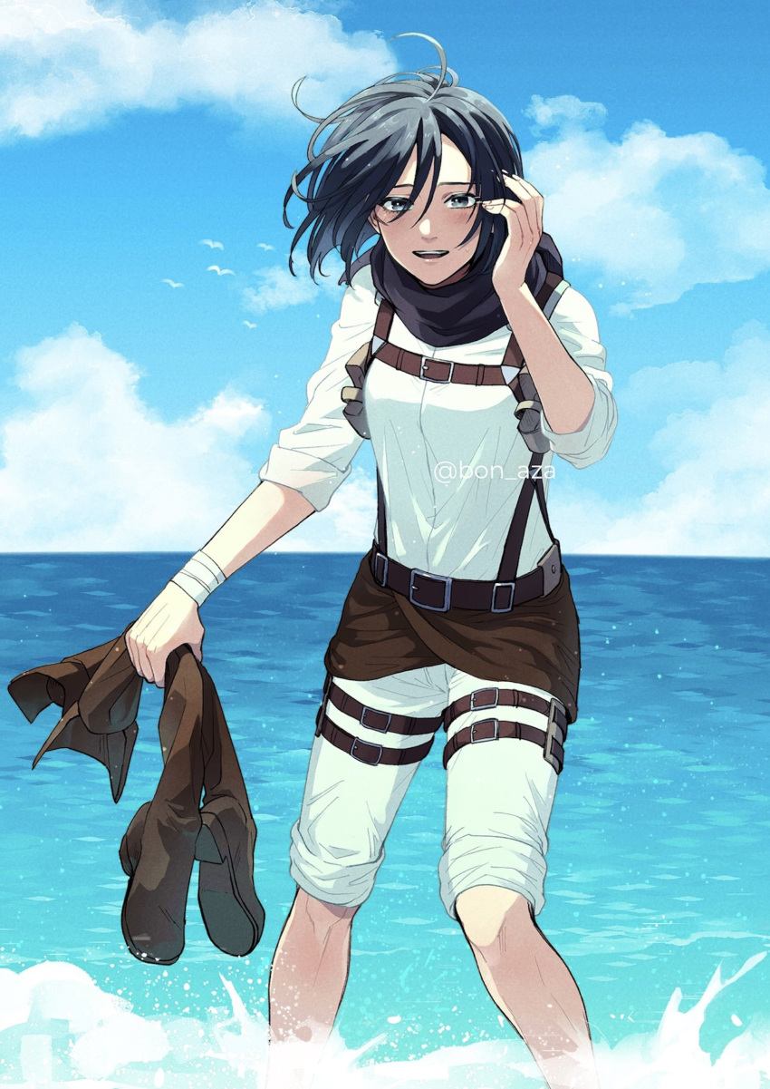 1girl, bandaged_arm, bandages, belt, belt_buckle, bird, birthday, black_hair, black_scarf, blue_sky, blush, boots, buckle, chest_harness, clouds, cloudy_sky, commentary_request, feet_out_of_frame, grey_eyes, hair_between_eyes, hand_up, harness, highres, holding, holding_boots, holding_unworn_clothes, horizon, looking_at_viewer, mikasa_ackerman, ocean, open_mouth, outdoors, pants, pants_rolled_up, partially_submerged, scarf, shingeki_no_kyojin, shirt, short_hair, sky, sleeves_rolled_up, smile, soaking_feet, solo, standing, thigh_strap, twitter_username, water, white_pants, white_shirt, yonchi