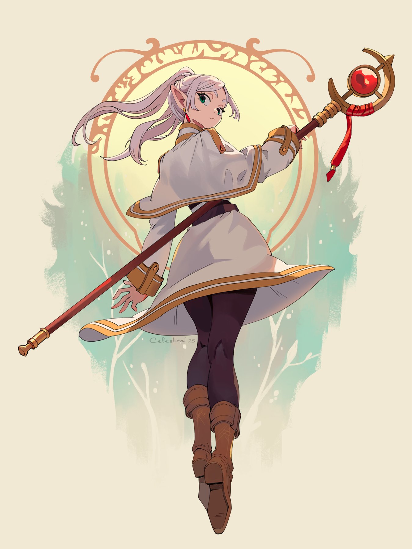 artist_name, belt, black_belt, black_leggings, boots, brown_boots, capelet, celestra