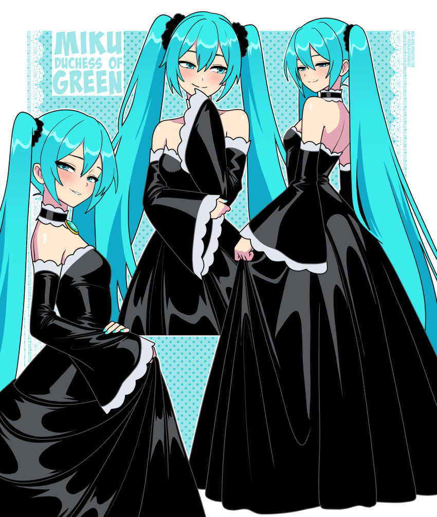 1girl, absurdres, aku_no_musume_(series), alternate_costume, aqua_eyes, aqua_hair, artist_name, bare_shoulders
