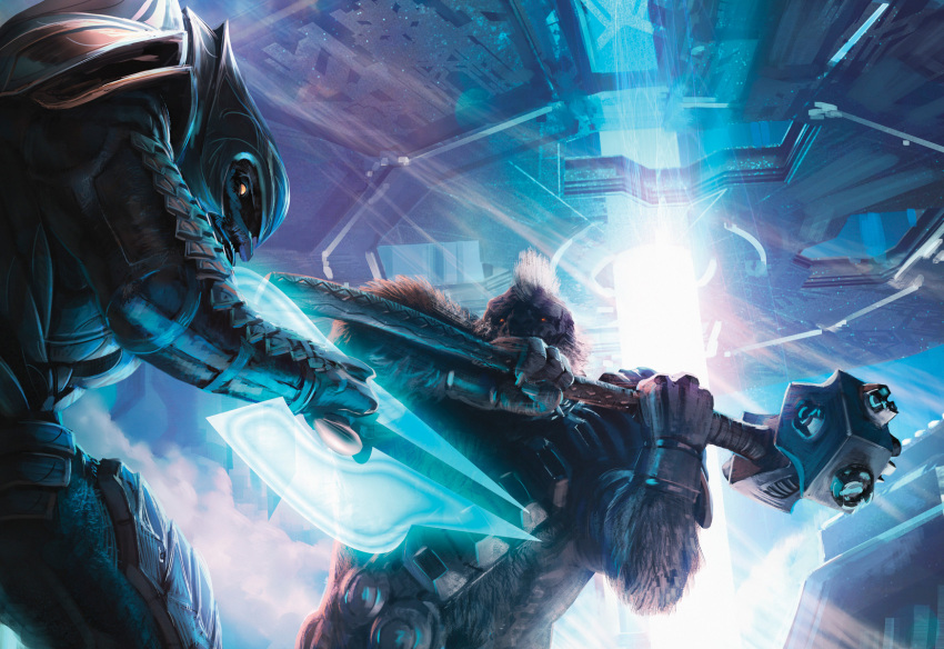 2boys, alien, arbiter, armor, battle, brown_fur, fighting_stance, from_behind