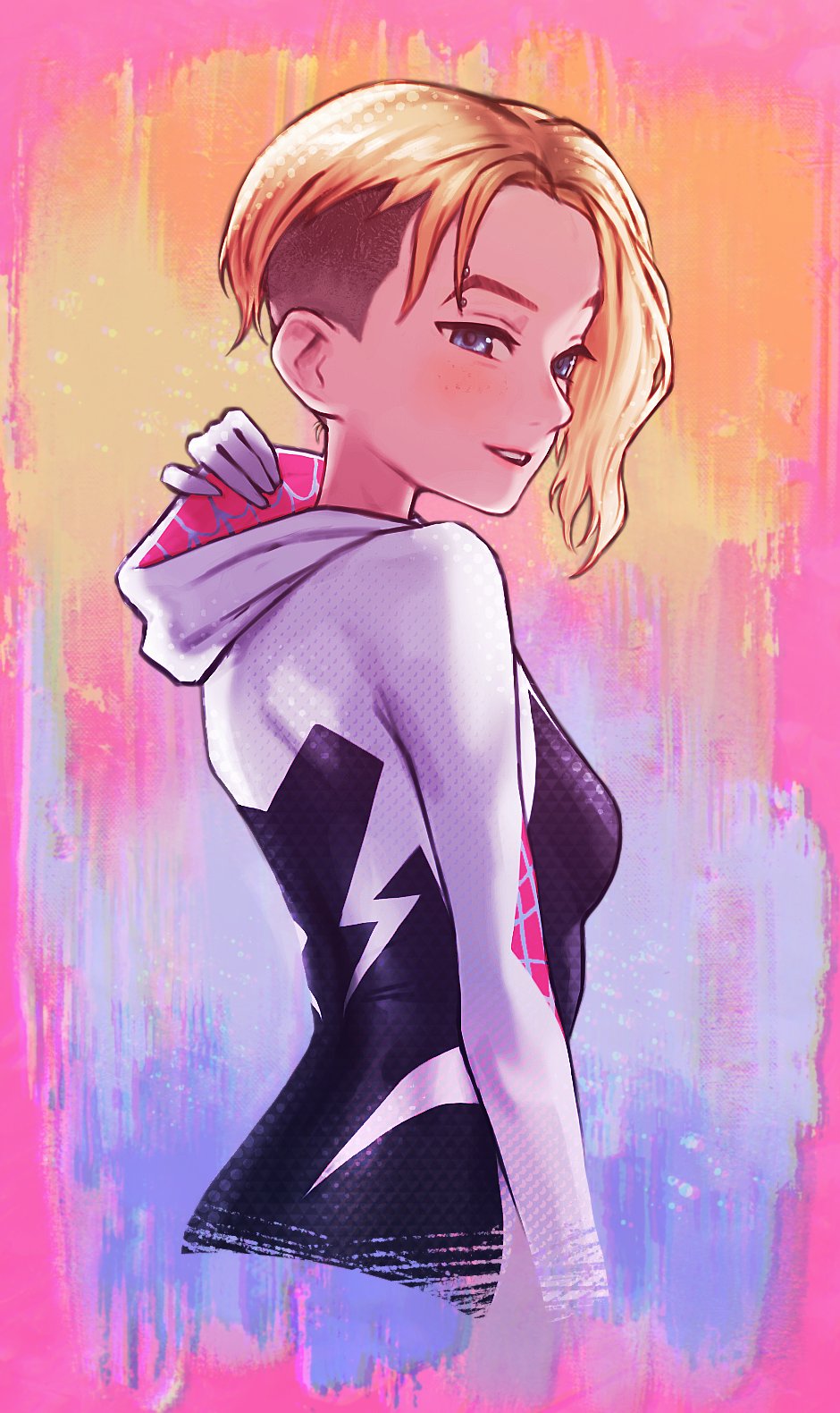 1girl, adjusting_clothes, adjusting_hood, arm_at_side, asymmetrical_hair, black_bodysuit, blonde_hair, blue_background