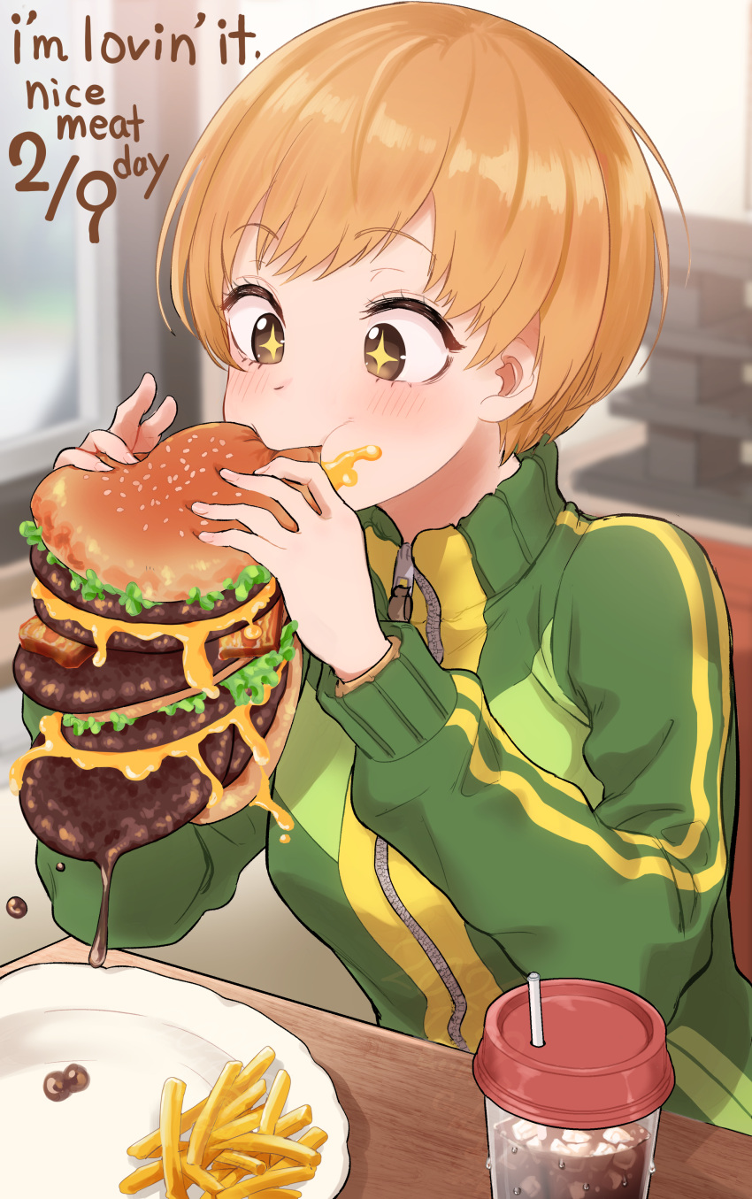 1girl, absurdres, bacon, beef, biting, blurry, blurry_background, blush, bread, breasts, brown_hair, burger, burger_malfunction, cheese, commentary, cup, dated, disposable_cup, double_vertical_stripe, drink, drinking_straw, dripping, eating, english_text, eyelashes, food, food_on_face, french_fries, green_jacket, highres, ice, jacket, kurosususu, lettuce, mcdonald's, medium_breasts, messy, multicolored_jacket, on_bench, persona, persona_4, plate, restaurant, revision, satonaka_chie, sesame_seeds, short_hair, simple_background, sitting, slogan, soda, solo, sparkling_eyes, swept_bangs, table, tomboy, two-tone_jacket, yellow_jacket, yellow_trim, zipper, zipper_pull_tab