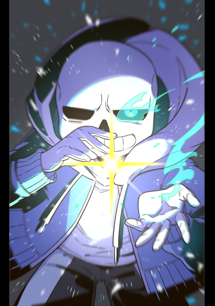 1boy, absurdres, black_border, black_sclera, black_shorts, blue_eyes, blue_jacket, border, colored_sclera, grin, highres, hood, jacket, kounago_chirimen, long_sleeves, male_focus, open_clothes, open_jacket, sans_(undertale), shorts, single_vertical_stripe, skeleton, smile, solo, teeth, undertale, white_stripes