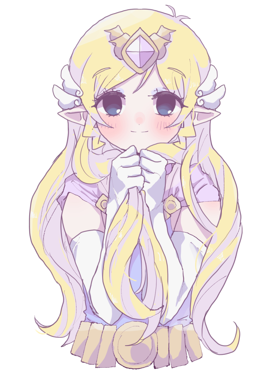 1girl, black_eyes, blonde_hair, blush, closed_mouth, commentary_request, cropped_torso, dress