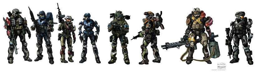 1other, 2girls, 5boys, absurdres, ammunition_backpack, ammunition_belt, armor, assault_visor