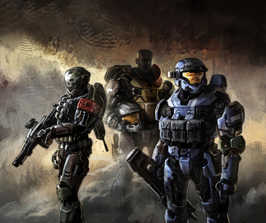 3boys, absurdres, ammunition_pouch, armor, assault_rifle, assault_visor, black_armor, blue_armor