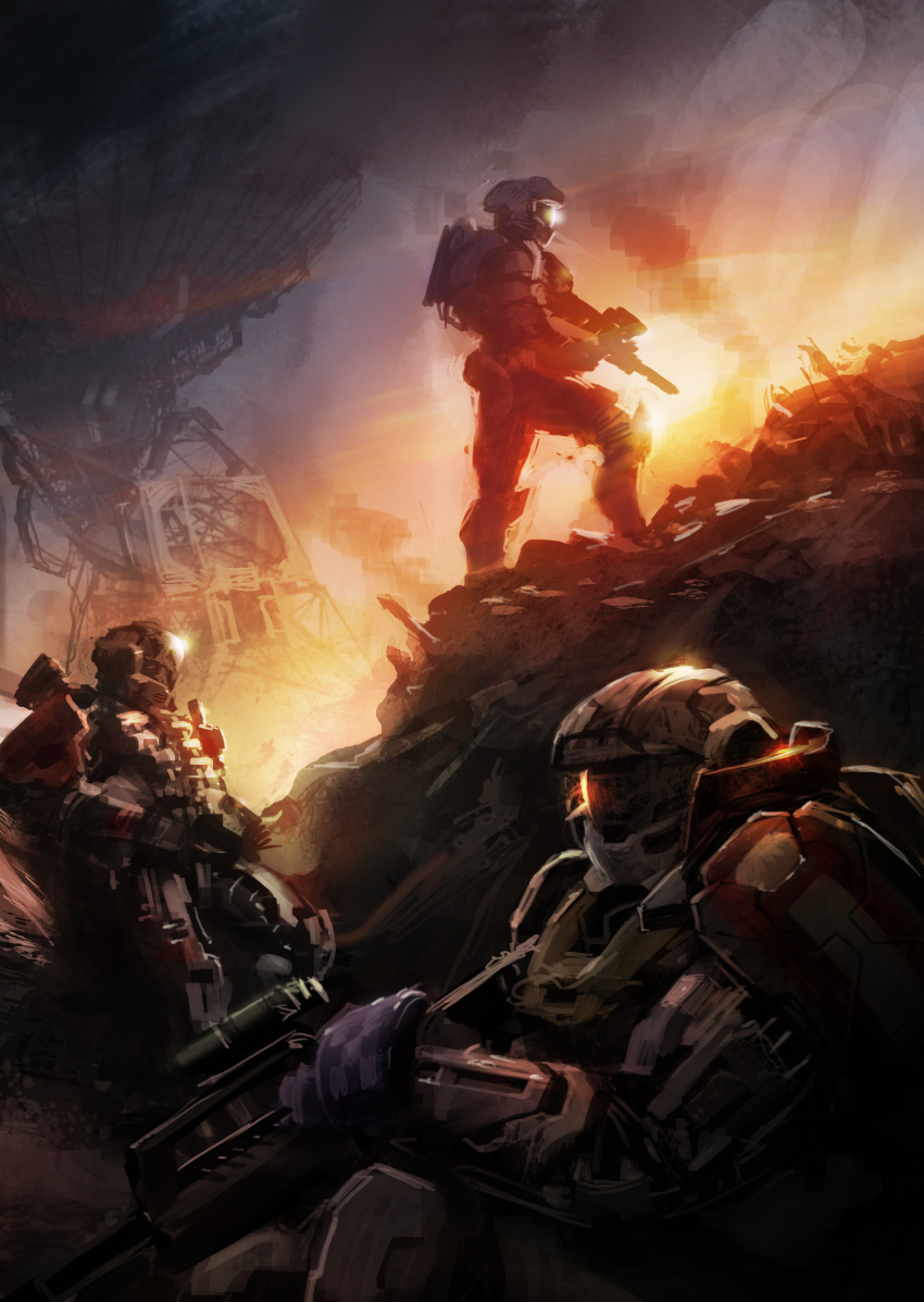 3boys, absurdres, armor, assault_visor, battle_rifle, black_armor, br55, bullpup