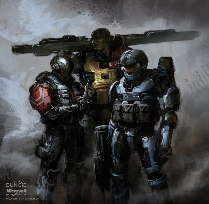 3boys, absurdres, armor, assault_rifle, assault_visor, black_armor, blue_armor, bullpup