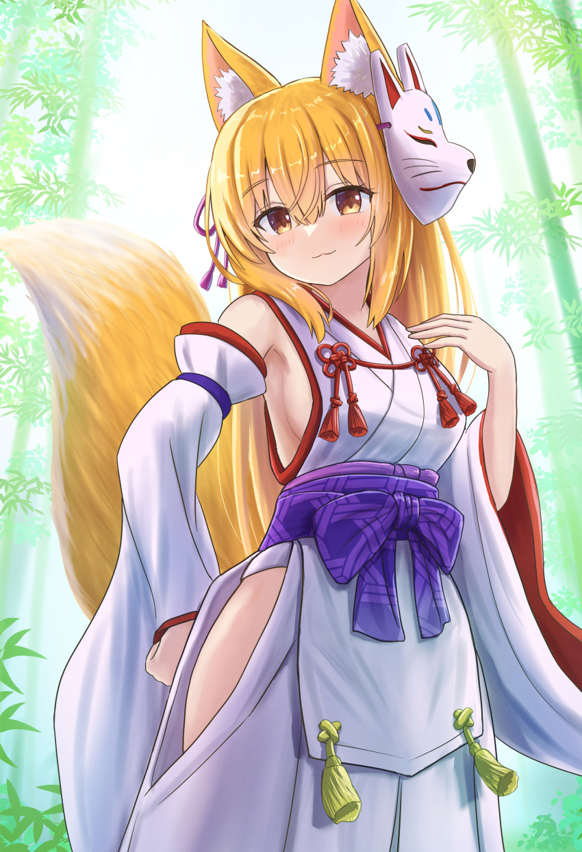 1girl, bamboo, bamboo_forest, blonde_hair, fox_ears, fox_girl, fox_mask, fox_tail