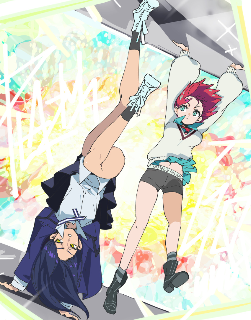1girl, 2girls, absurdres, amate_yuzuriha, aqua_eyes, aqua_shirt, aqua_skirt, bike_shorts, black_hair, breasts, closed_mouth, gundam, gundam_gquuuuuux, handstand, hanging, highres, jacket, long_hair, long_sleeves, multiple_girls, necktie, nyaan_(gundam_gquuuuuux), panyatteria, red_hair, school_uniform, shirt, short_hair, skirt, sportswear, sweater, upside-down, yellow_eyes
