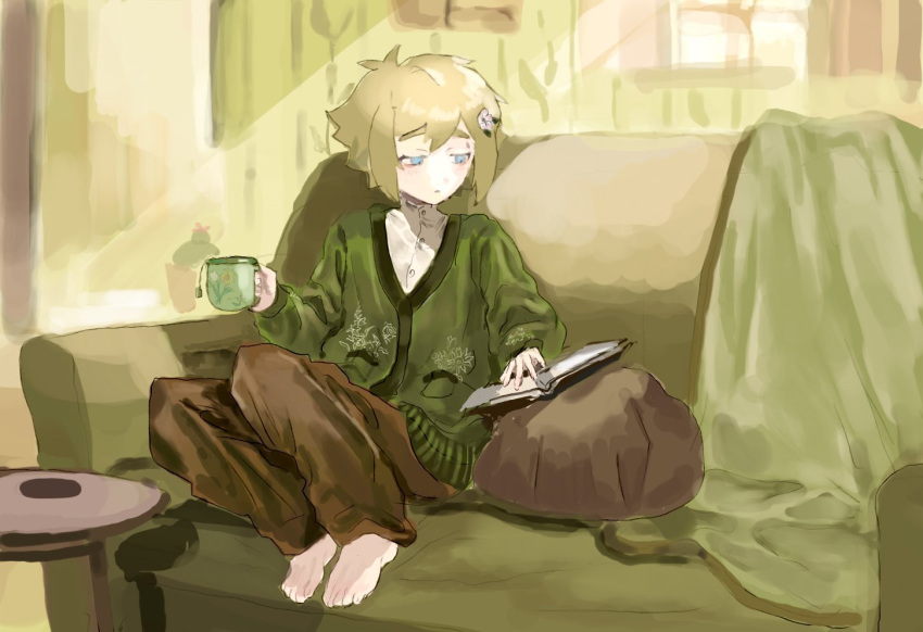 1boy, alternate_costume, antenna_hair, backpack, bag, barefoot, basil_(faraway)_(omori), basil_(omori)