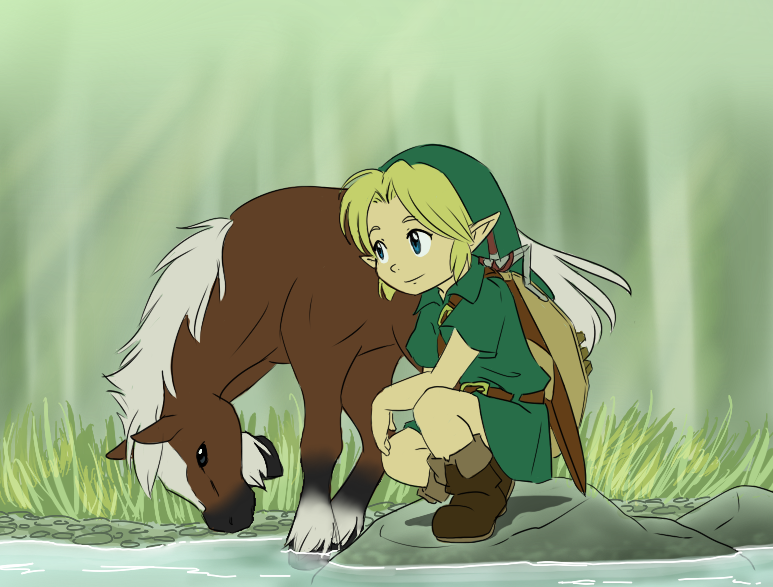 1boy, ask-young-link, belt, blonde_hair, blue_eyes, brown_belt, brown_boots, child, closed_mouth, commentary, epona, fold-over_boots, grass, green_hat, green_tunic, hat, horse, link, pointy_ears, shield, shield_on_back, short_sleeves, shoulder_belt, smile, solo, squatting, sword, sword_on_back, the_legend_of_zelda, the_legend_of_zelda:_majora's_mask, tunic, water, weapon, weapon_on_back, young_link