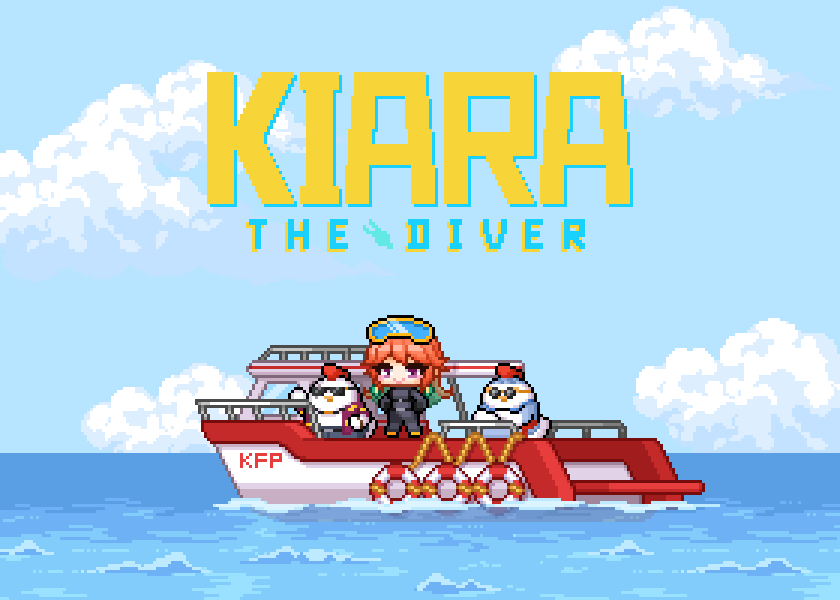 1girl, blue_sky, boat, closed_mouth, commentary, dave_the_diver, diving_suit, goggles, goggles_on_head, hololive, hololive_english, long_hair, ocean, orange_hair, outdoors, pixel_art, redforge, sky, smile, swim_goggles, takanashi_kiara, violet_eyes, virtual_youtuber, watercraft