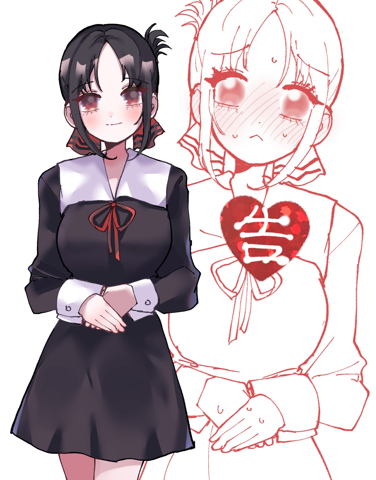 1girl, :<, black_dress, black_hair, blush, closed_mouth, commentary, cowboy_shot