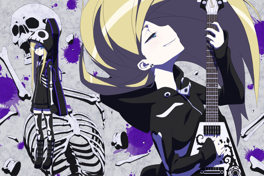 gibson, guitar, highres, instrument, kami_juukou, long_hair, original, skull