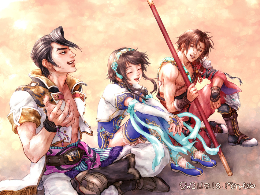 1girl, 2boys, :d, ^_^, abs, artist_name, black_boots, black_hair