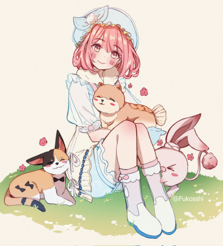 1girl, animal, ankle_socks, apron, blue_bow, blue_hat, blue_shirt, blue_shorts